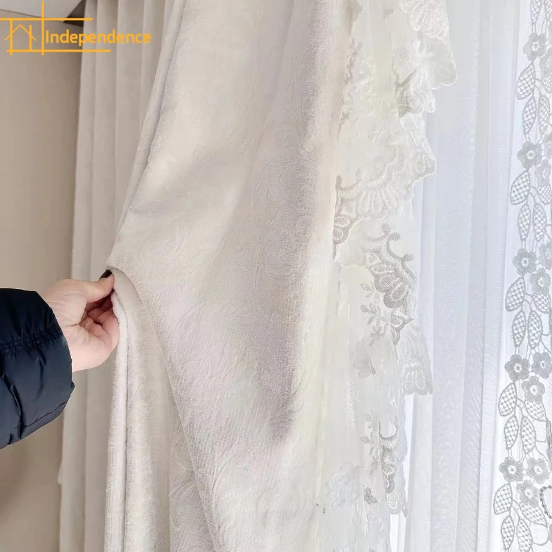 French Relief Jacquard Cream Lace Patchwork Chenille Curtains for Living Room Bedroom Partition Curtains Decorative Products