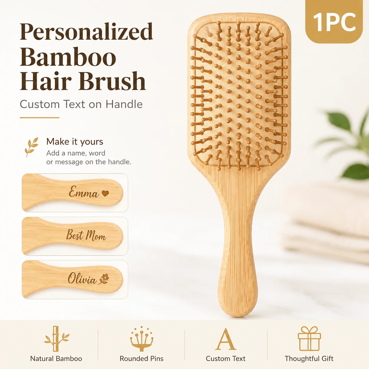 1Pc Customized Text-Inlaid Air Cushion Massage Comb, Made of Natural Bamboo Material, Anti-Static, Portable Design, Suitable for Both Wet and Dry Hair, Works with Straight to Wavy Hair, Unisex, Compatible with All Hair Types