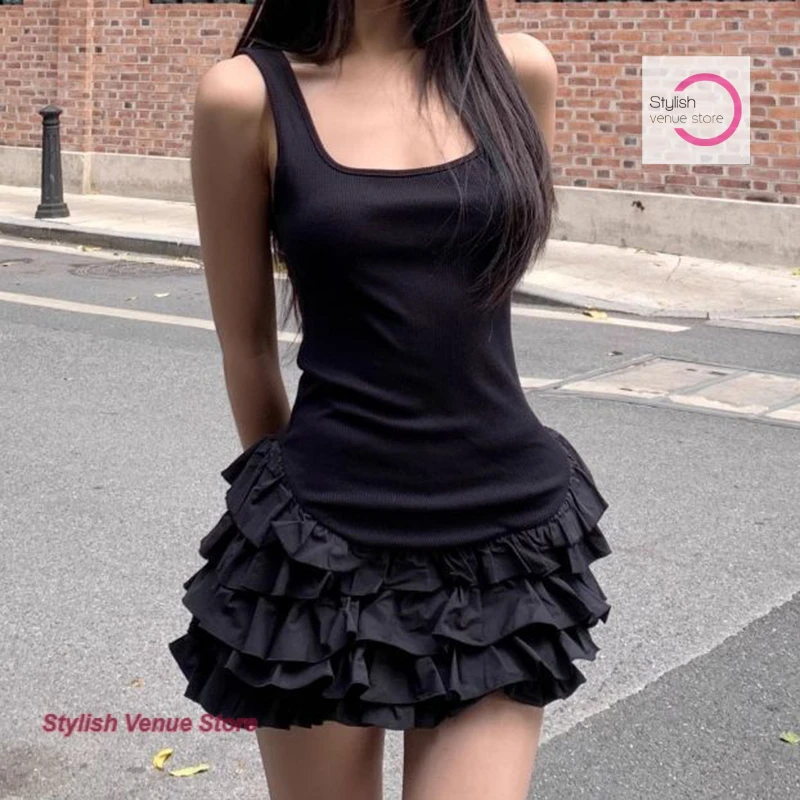 

French sweet fashion white suspender dress female summer new waist temperament ruffled skirt Joker ballet style A-line skirt