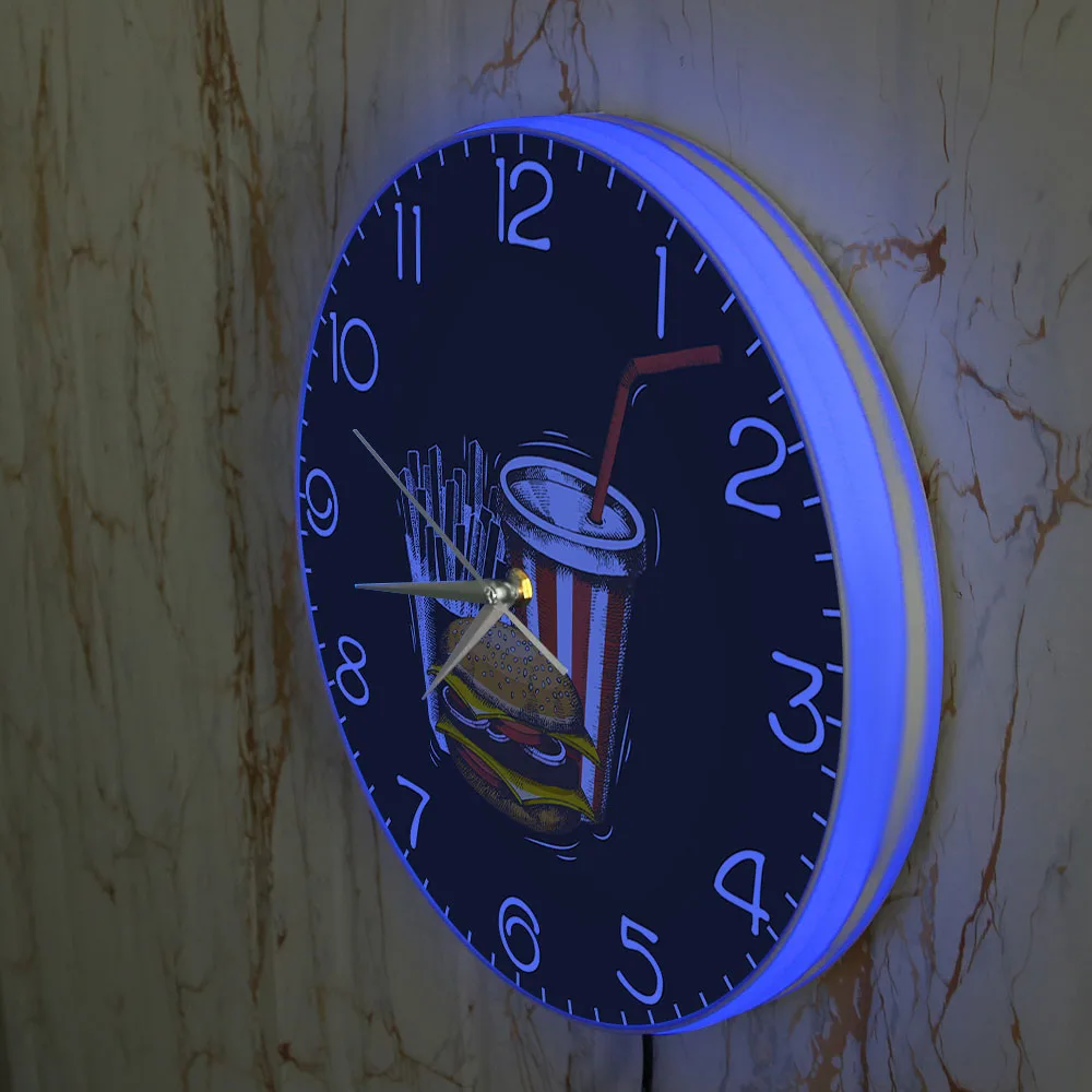 Hamburger French Fries Soda Modern Design Nelon Light Sign Wall Clock For Snack Bar Fast Food Restaurant Glow In The Dark Clock