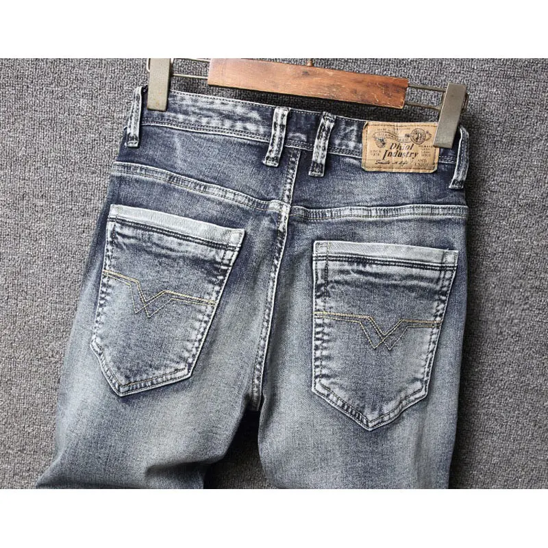 Italian Style Fashion Men Jeans Retro Washed Blue Elastic Slim Fit Ripped Jeans Men High Quality Vintage Designer Denim Pants