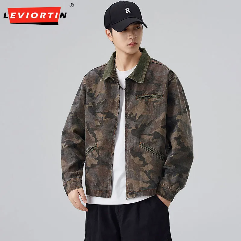 

Spring /Autumn men's American retro fashion casual patchwork lapel design patch camouflage loose versatile jacket couple outfit