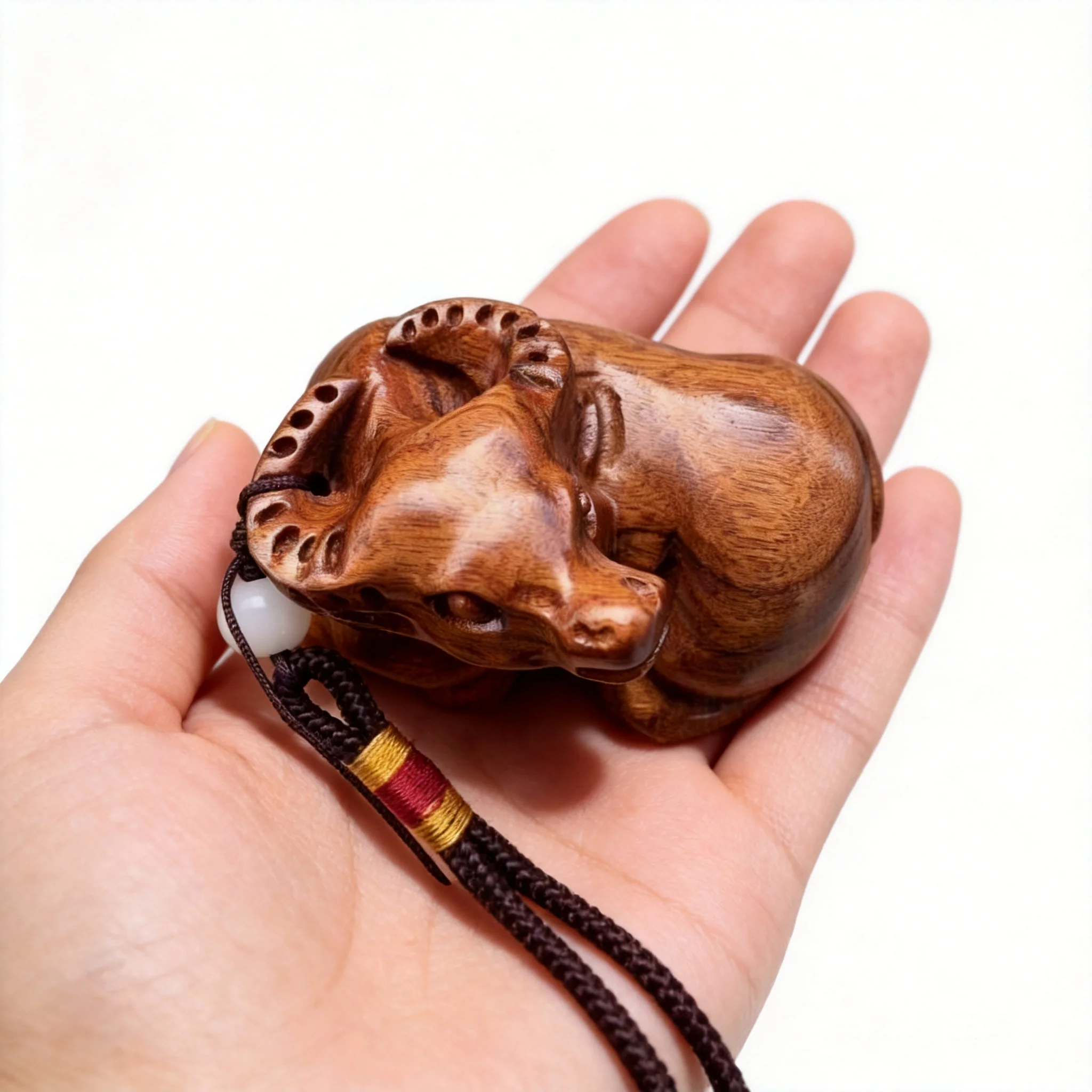 

Traditional Chinese Style Hand Carved Huanghuali Wood Ox Zodiac Lucky Amulet Fortune Blessing Wealth Attracting Fidget Hand Toy