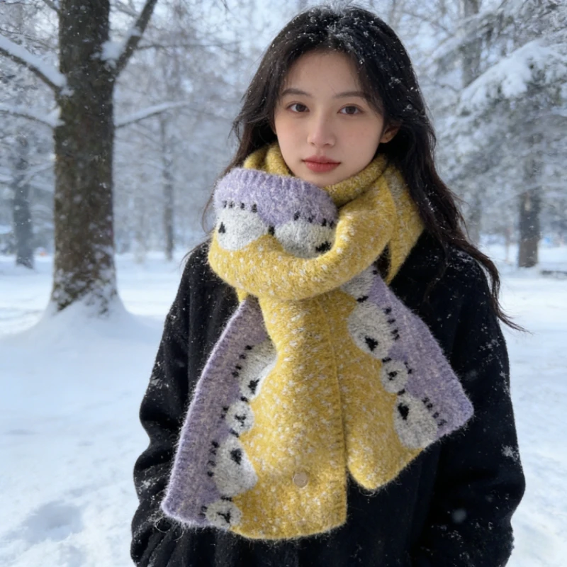 

Winter Warm Scarf Women New Korean Cute Sheep Design Fashion Knitted Scarf Couple Thick Coldproof Windproof Scarf Daily Outfit