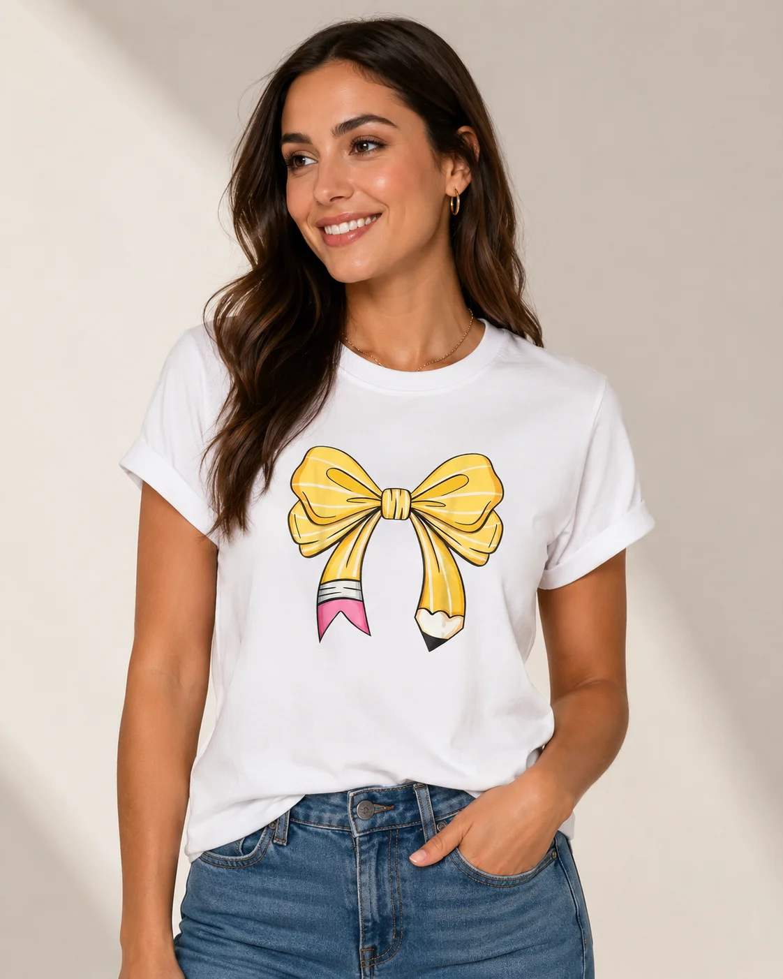Women's T-Shirt with Pencil Bow Tie Print Round Neck Short Sleeves Casual Top Fashionable Women's Spring/Summer Wear
