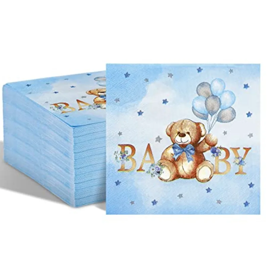 Paquete de 100 bolsitas de papel de cóctel de oso de globo desechable azul cuadrado de 3 capas para bebé Sr género revelar cumpleaños
