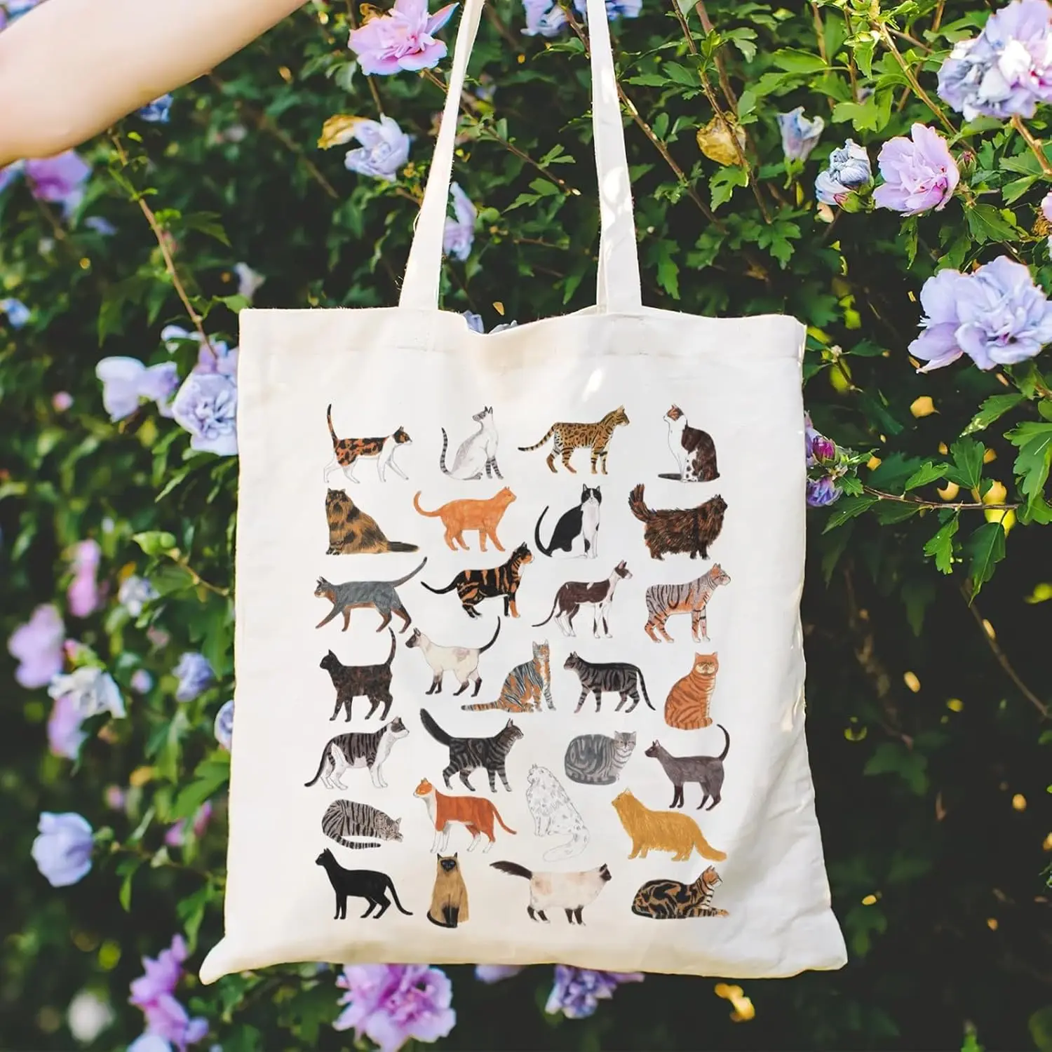 Ilustraciones de varias razas de gatos lindos Bolso de hombro de lona beige con patrones de animales y mascotas para desplazamientos diarios