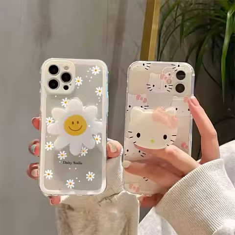 3D Hello Kitty KT Head Flower Grip Tok Holder Case for Samsung Galaxy S25 S24 Ultra S22 Note 20 A55 A35 A54 Cover Silicone Clear