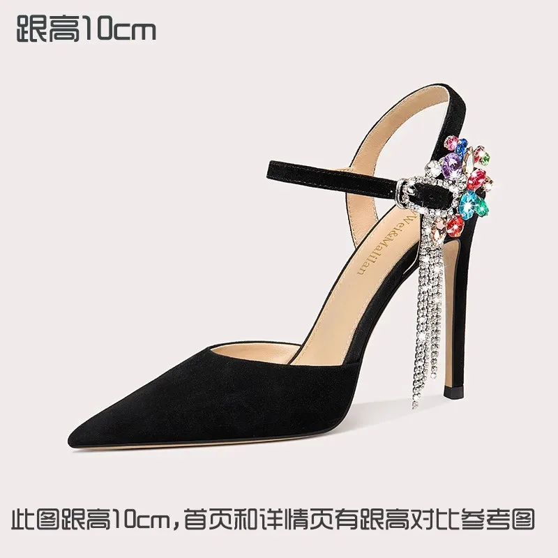 Thin high-heeled sandals summer new pointed suede color rhinestone tassel single shoes banquet large size small size women shoes view 6