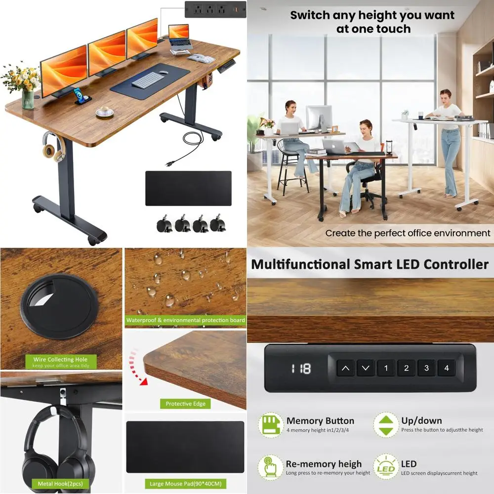 مكتب قائم كهربائي 63 × 24 مع منافذ، مكتب دوار مع لوحة ماوس كبيرة الحجم، 2 منفذ USB و3 منافذ طاقة، Hei مريح