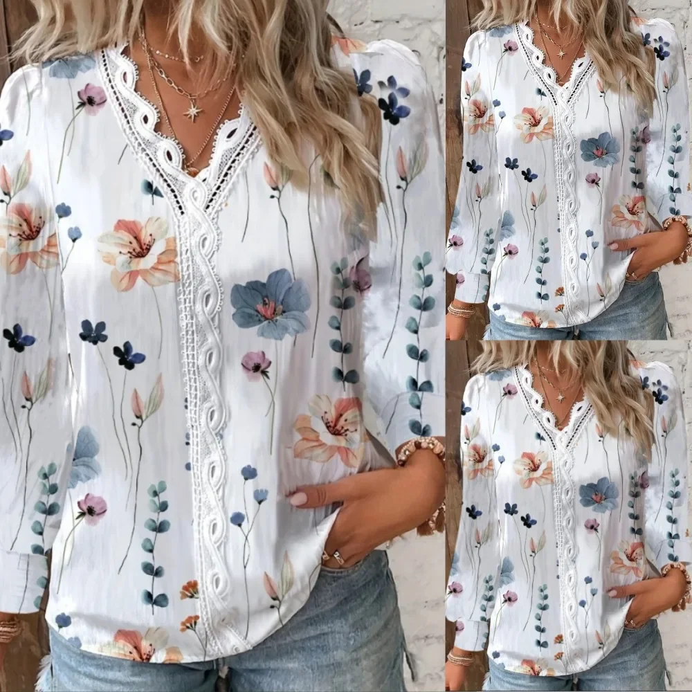 

Women's Shirts Autumn Fashion Elegant Long Sleeve Print Office Lady Top White Women Ruffled Hollow Out Blouse Female Clothing