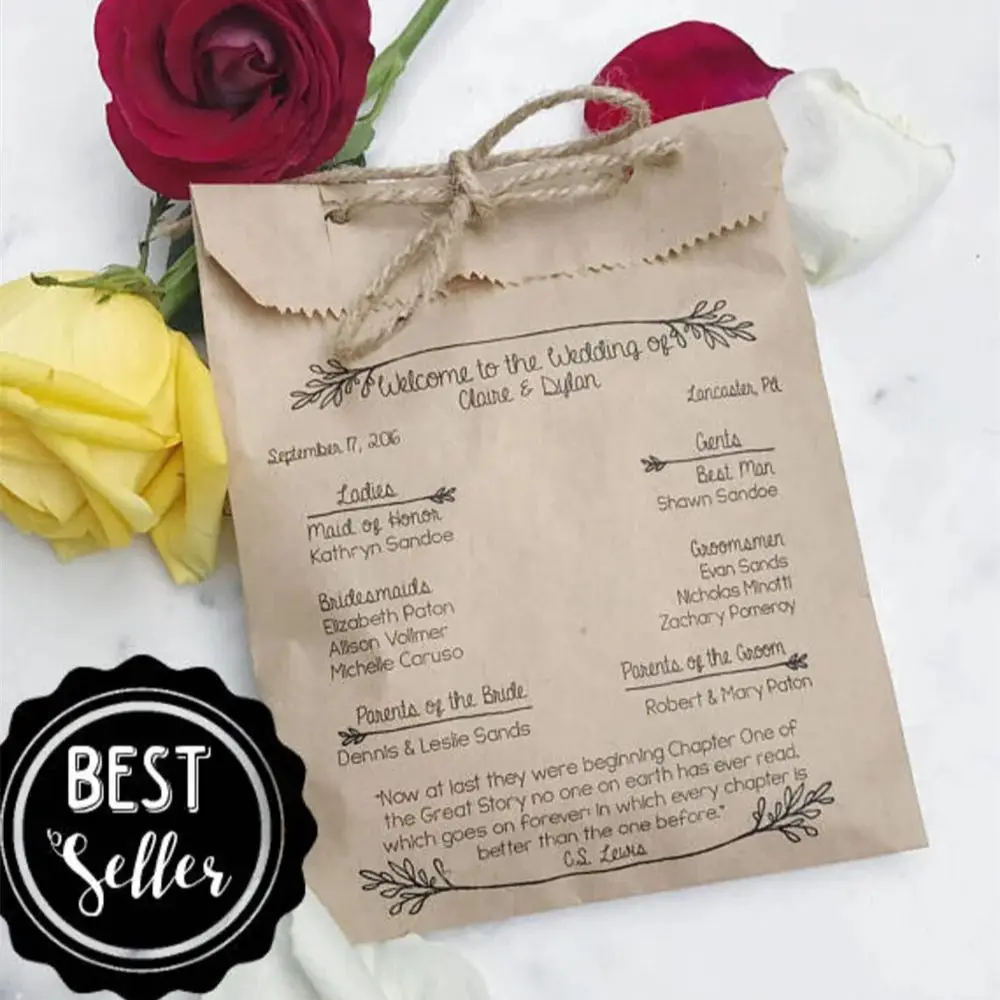 25pcsWedding Program Bags - Rustic Twig - Program Bags - Custom Printed on Kraft Brown Paper Bags