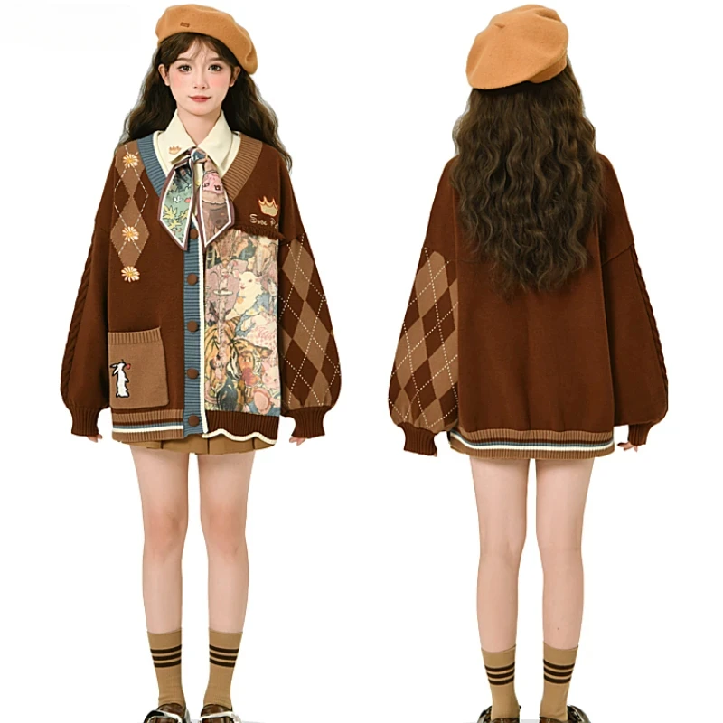 

Loose Y2k Knitted Tops Sueters De Mujer Kawaii Cartoon Embroidery Cardigan Women Vintage Jk Uniform Sweater Coat Autumn Girls