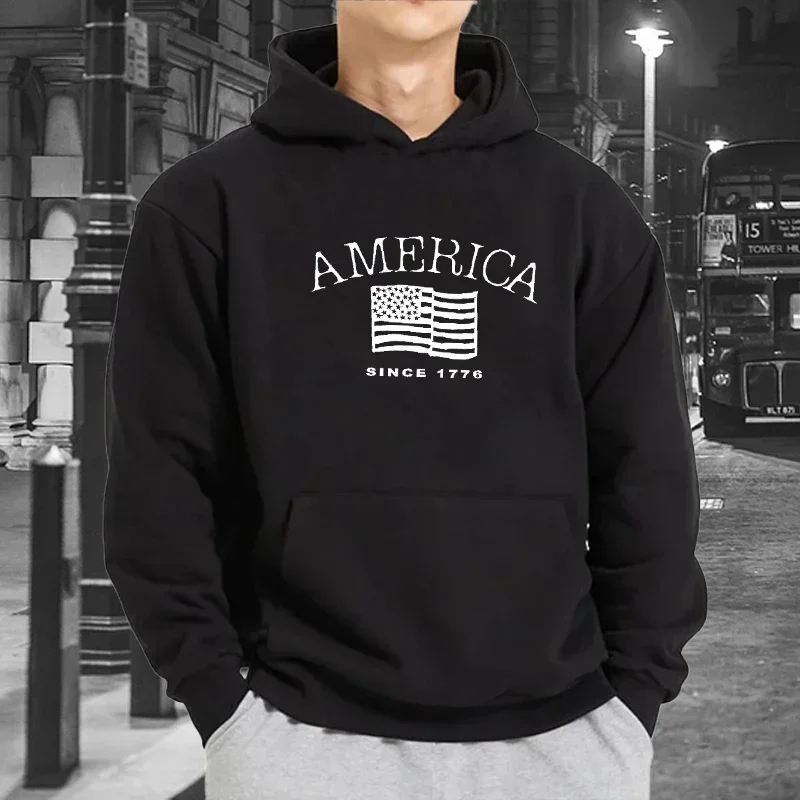 Men's America Since 1776 Letters Print Hoodies Street Style Tops Autumn Long Sleeve Sweatshirts Casual Sport Clothes