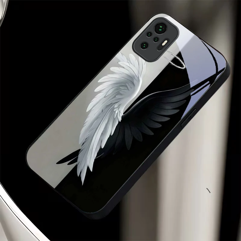 Angel Half Devil Wing Black Glass Phone Case For Redmi Note 14 Pro+ 13 Pro 8 9S 12S 10 Pro 11 13C 14C 12 13 8T A3 5G Black Cover