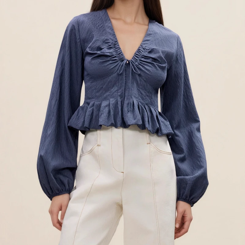 

2025 Autumn New Product Gentle Style V-neck Drawstring Ruffle Edge Splicing Shirt Long Sleeved Temperament Top