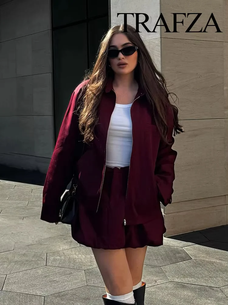 

TRAFZA Women New Fashion Lapel Front Zipper Pocket Coat Female Elegant Loose Slim Long Sleeve High Street 3-Color Casual Jackets