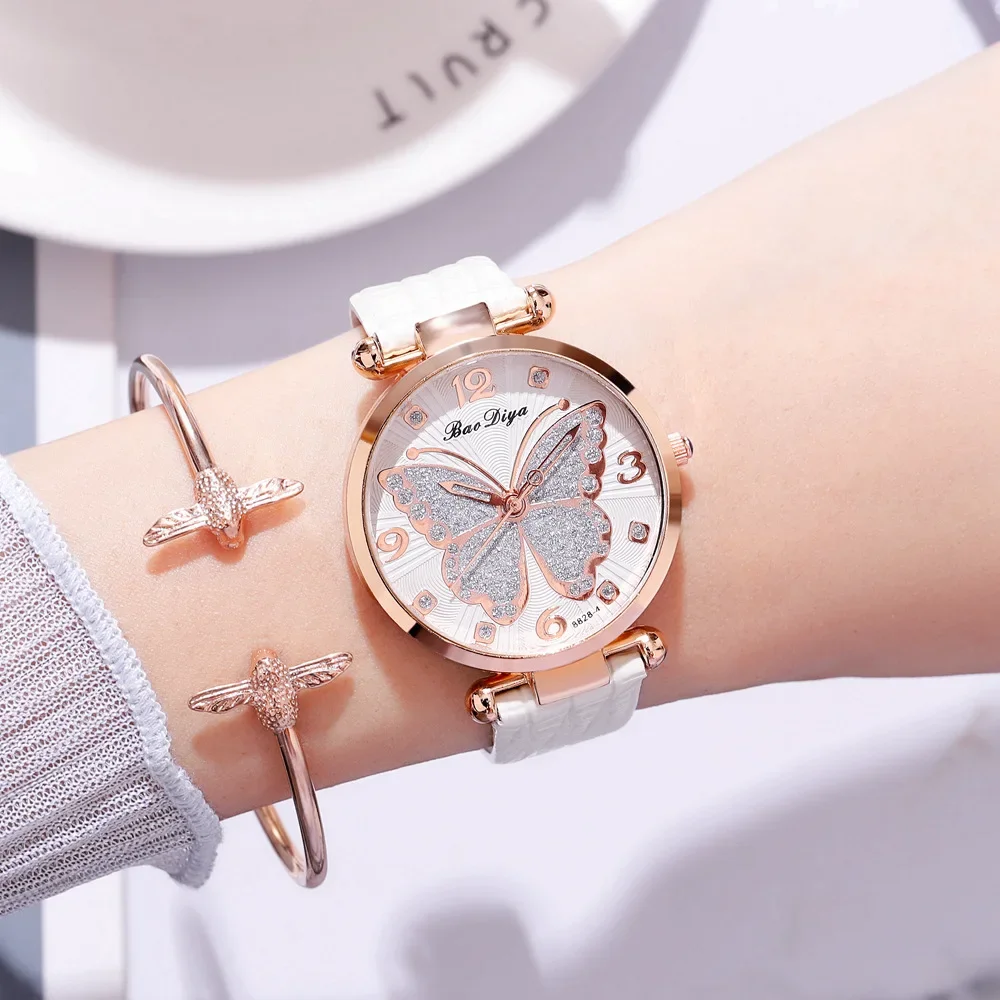 

Butterfly Watch for Women Pink Leather Strap Rhinestone Ladies Wristwatch Casual Luxury Quartz Female Watches Relojes Para Mujer