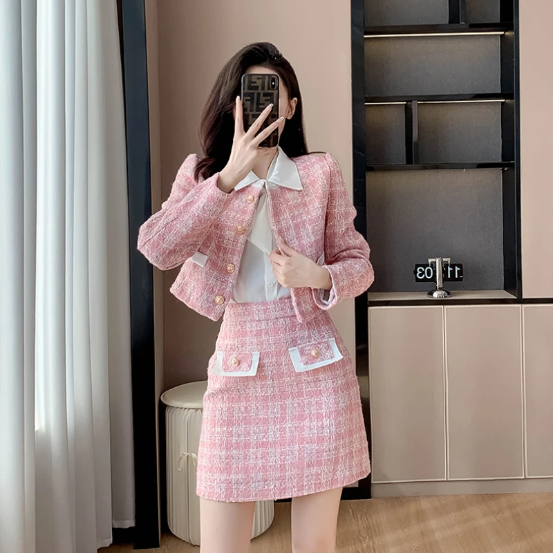 Women\'s Autumn Small Fragrant Style Lapel Cropped Jacket Blazer Half Skirt Set Vintage Tweed    Two-piece Sets