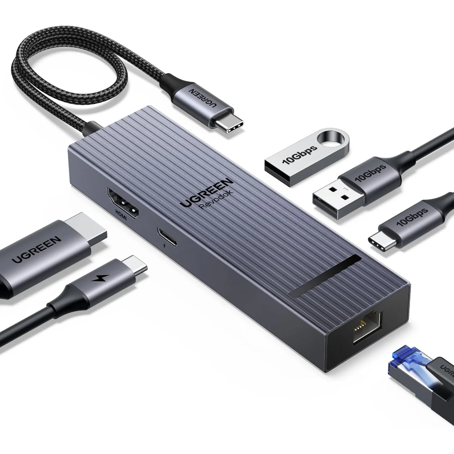 UGREEN Revodok Pro 6 в 1 USB C-концентратор Gigabit Ethernet-адаптер с 4K 60 Гц HDMI, зарядкой PD 100 Вт, портами данных USB A&C 3,2 10 Гбит/с