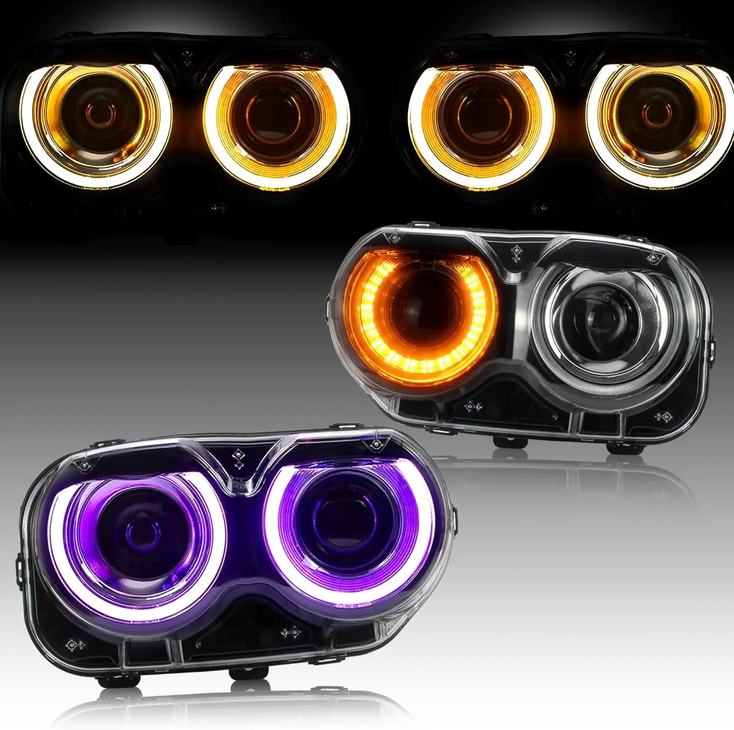 RGB Headlights for Dodge Challenger 2015-2020 Headlamps Pair with Black Housing Replacement Driver