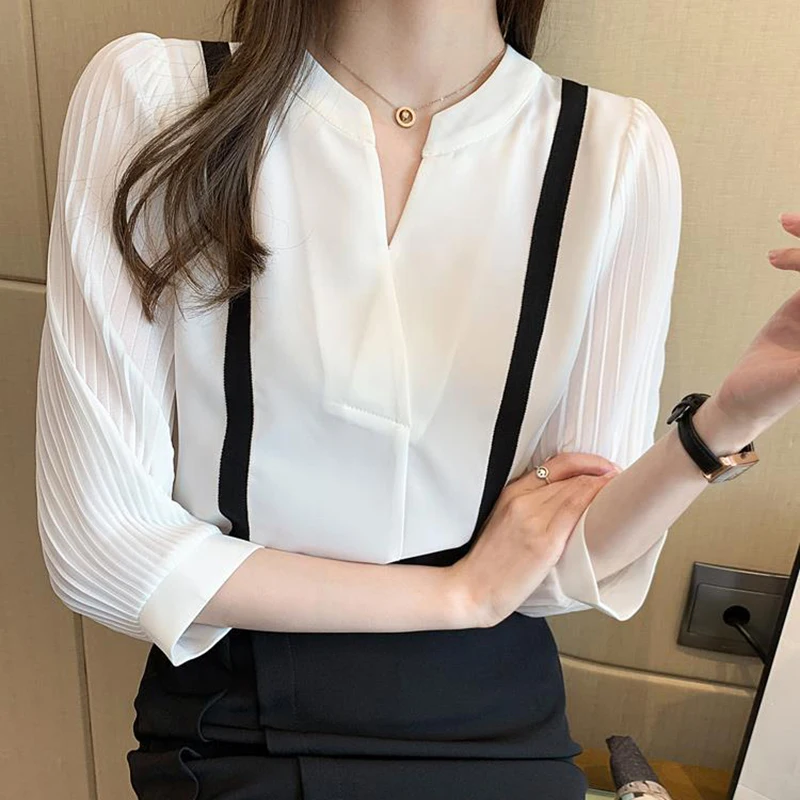 Chiffon V Neck Elegant Blouse Women Casual Korean Fashion Sweet Shirt Summer Patchwork Three Quarter Sleeves Office Lady Tops