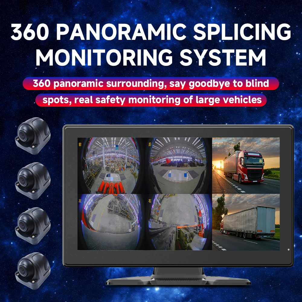 10inch Touchscreen 3D 360 Degree Surround View Camera System Blind Spot Detection AI Reversing Camera 1080P for Truck Bus RV
