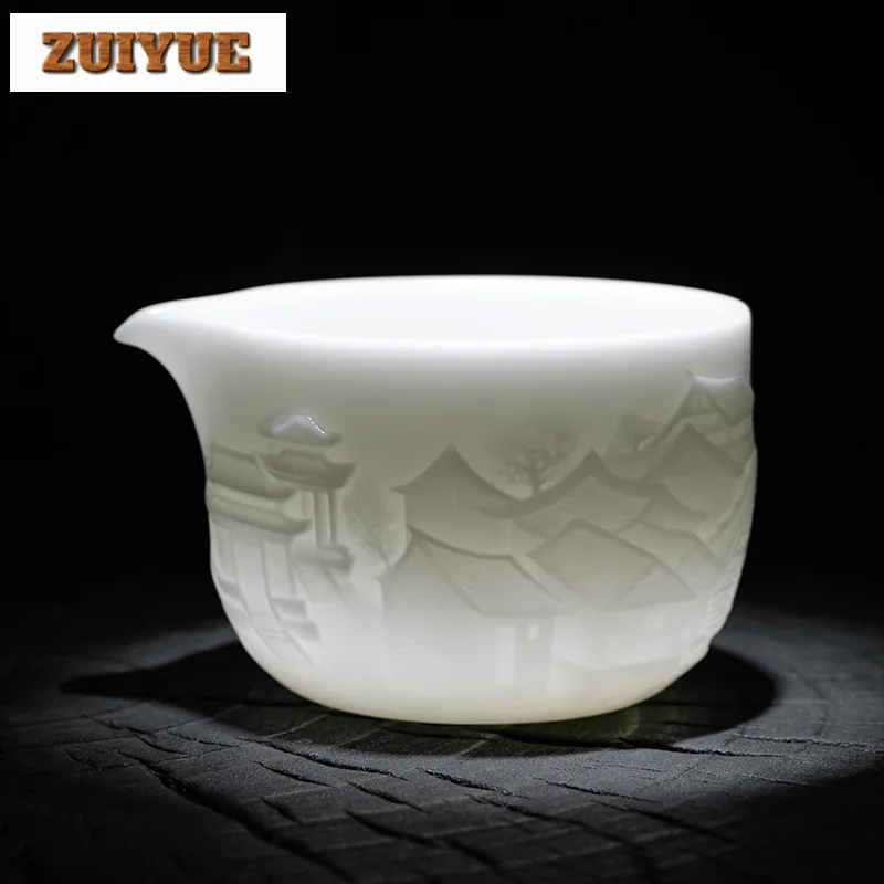 190ml Ice Seed Sheep Fat Jade Porcelain Tea Pitcher Boutique Relief Landscape Cha Hai Justice Cup Puer Tea Ceremony Accessories