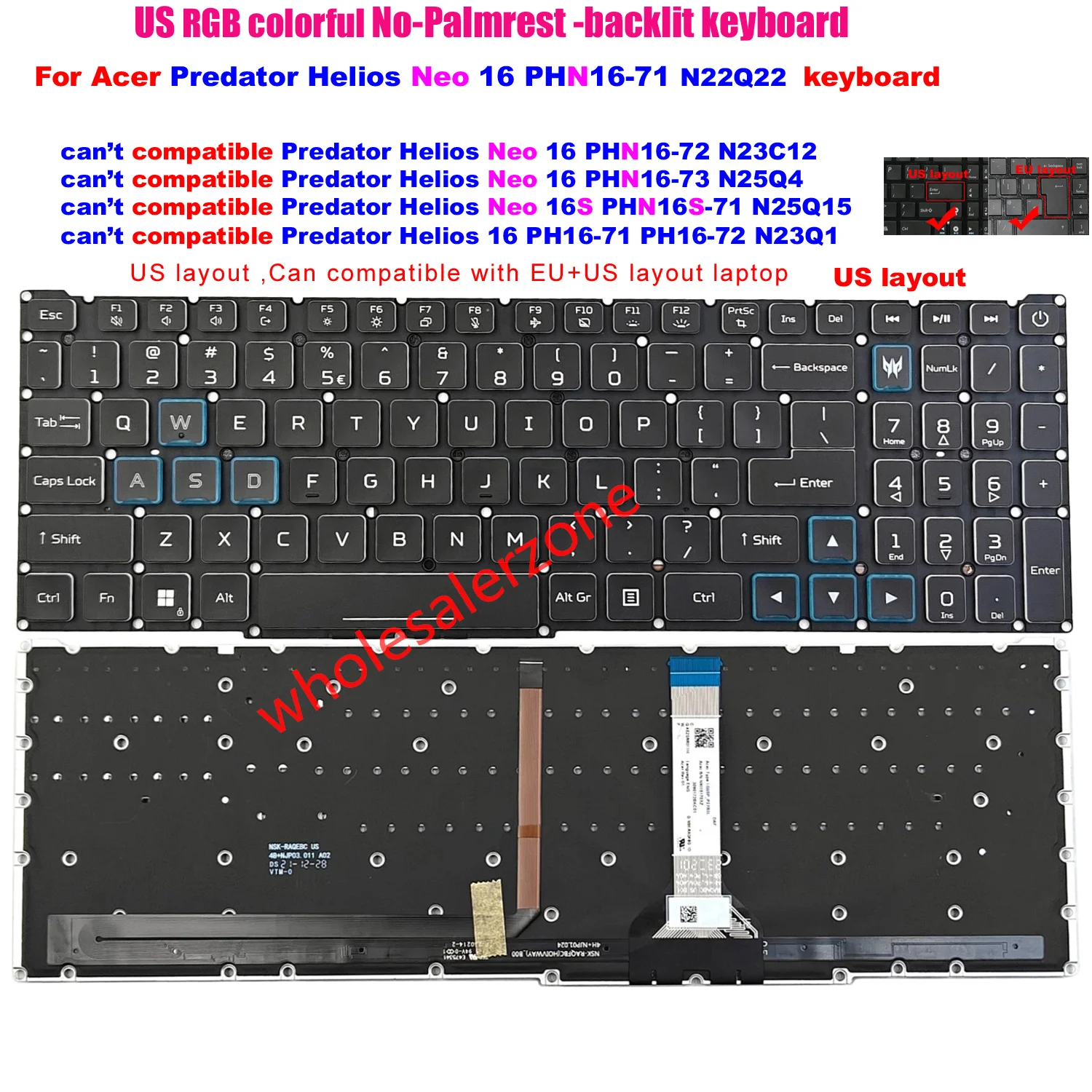 New US RGB Colorful Backlit Keyboard For Acer Predator Helios Neo 16 PHN16-71 N22Q22 PHN16-71-96AB ,PHN16-71-98SN PHN16-71-93SQ