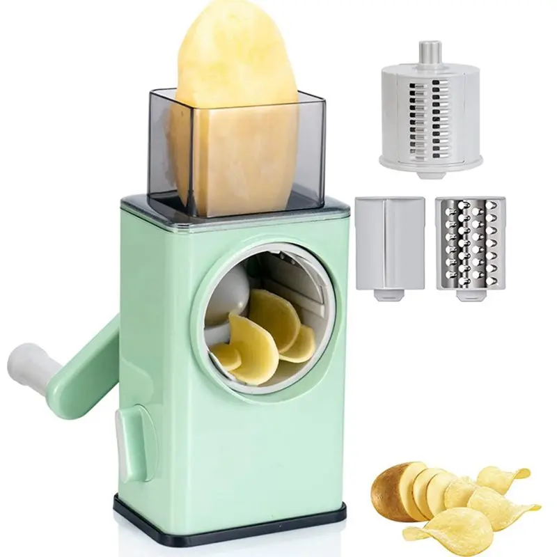 A01F-Kitchen Vegetable Slicer Grater Cutter Manual Mandoline Rotating Vegetable Grater With 3 Drum Blades New Rotary Design