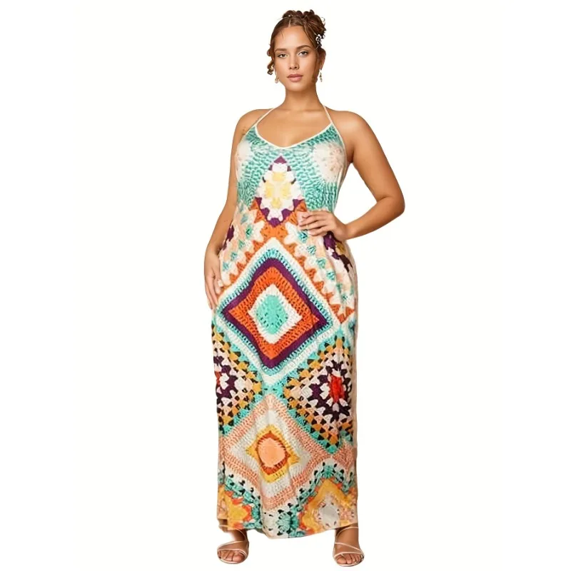 Plus Größe 1XL-5XL Damen Gestricktes Sommerkleid Handgemachtes Vintage Chic Hollow Out Urlaub Strandkleid
