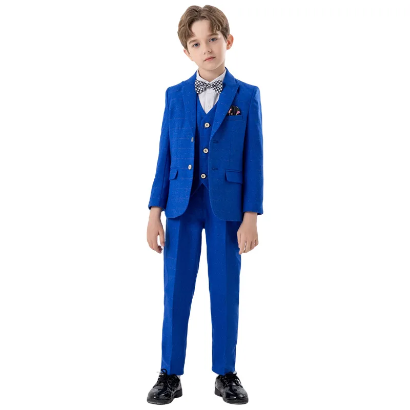 Flower Boys Royal Blue Jacket Vest Pants Bowtie 4PS Piano Party Dress Kids Ceremony Photograph Suit Children Performance Costume