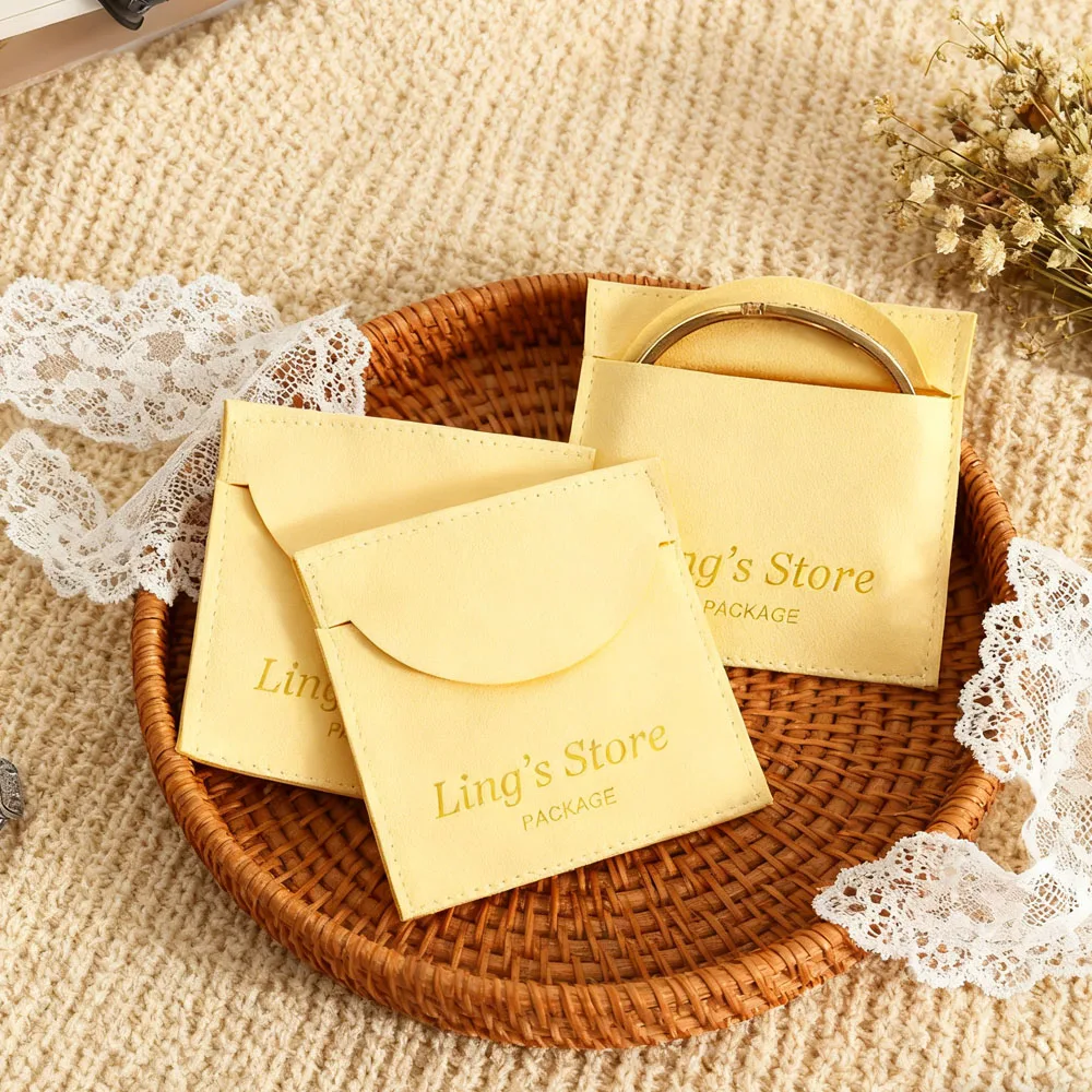 

100Pcs Personalized Yellow Microfiber Jewelry Velvet Bag Envelope Flannel Suede Pouch Earrings Rings Bracelet Necklace Organizer