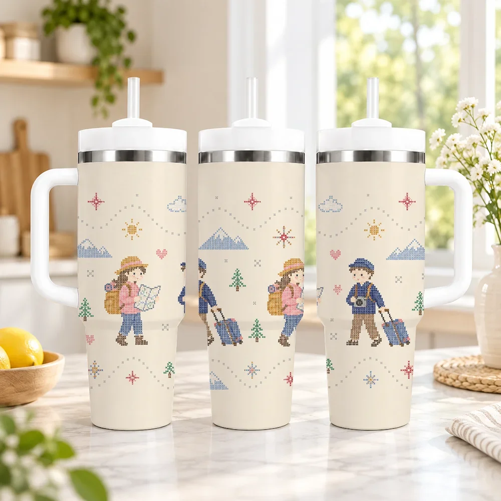 Diverse Kids Friendship Pattern Vacuum Flasks 40oz em Aco Inoxidavel com Alca e Canudo, Caneca de Viagem a Prova de Vazamentos
