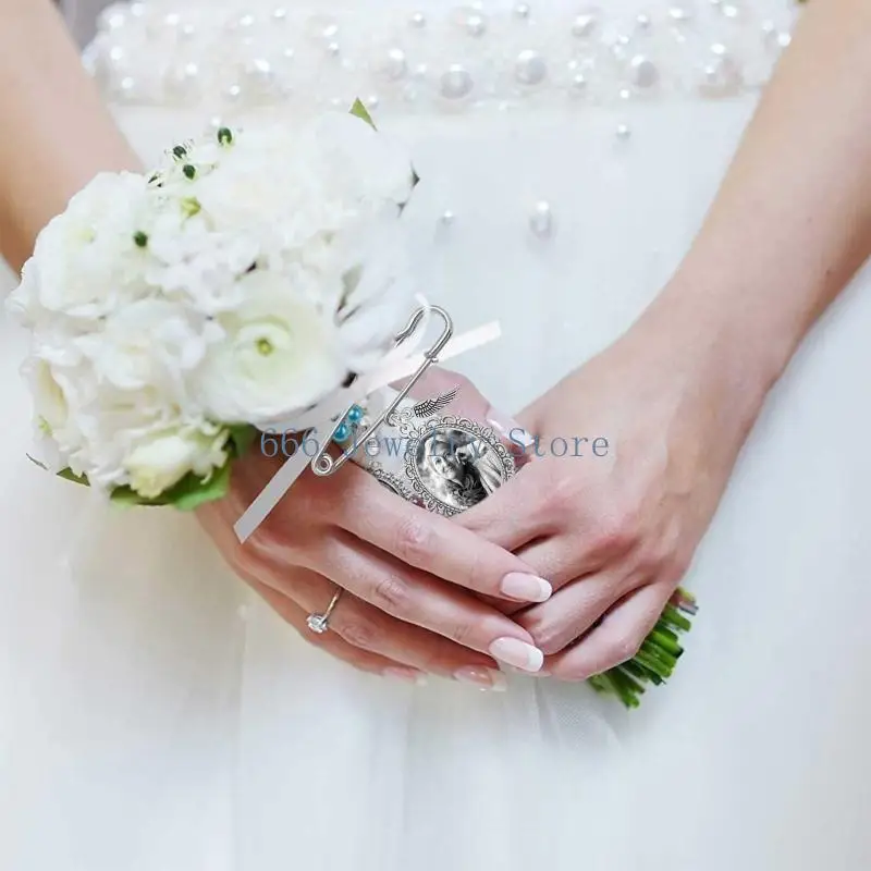 F2TD Wedding Bouquet Photo Charm Diy Pin Making Lace Frame Wedding Charm Oval Glass Photo Frame Pins with Pendant