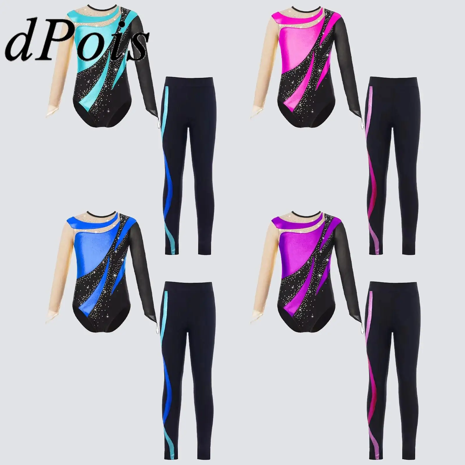 

Children's Ballet Dance Leotards for Girls Teens Skating Bodysuits Shiny Rhinestone Gymnastics Jumpsuit Kids Dancewear Sets