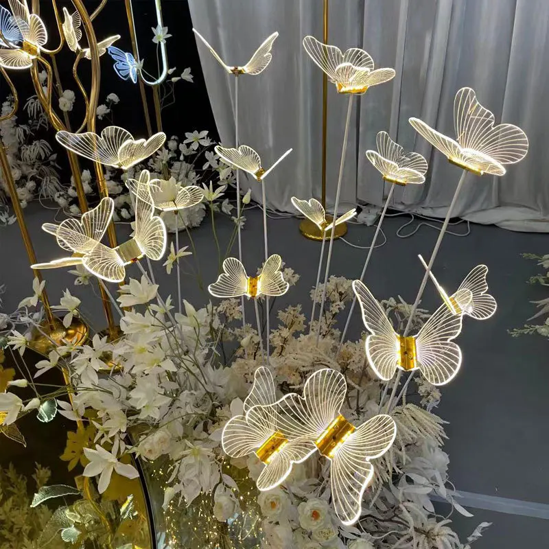 Customized Design Stage Background Large 5 Head Butterfly Background Acrylic Road Led Lights Stand For Party Event Wedding Decor