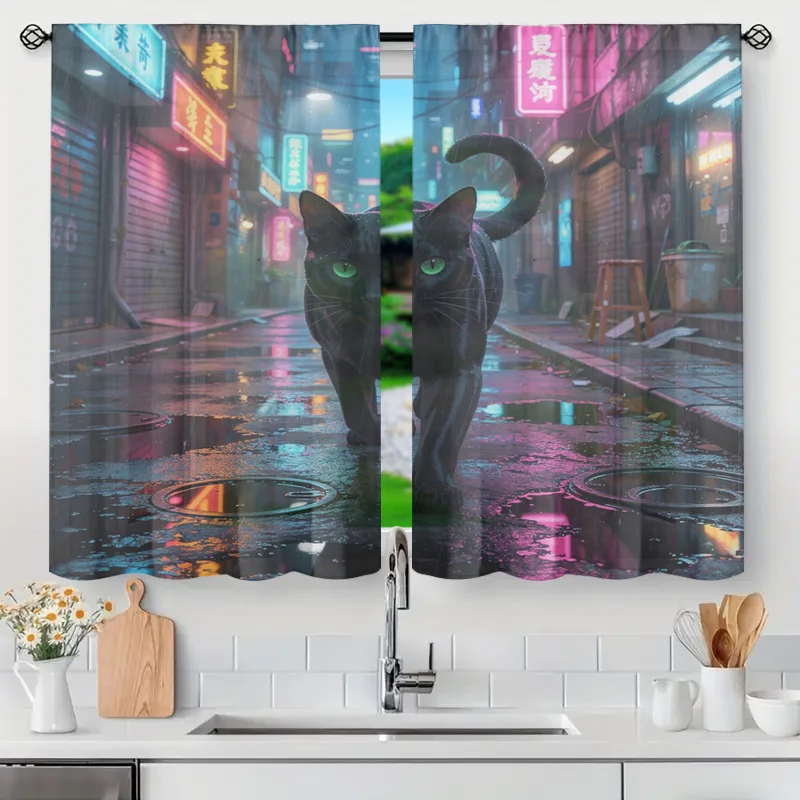 Waterproof Decorative Shower Curtain Neon City Cat Art Style Bath Decor Bathroom Curtain Cyberpunk Aesthetic Home Accent Panel