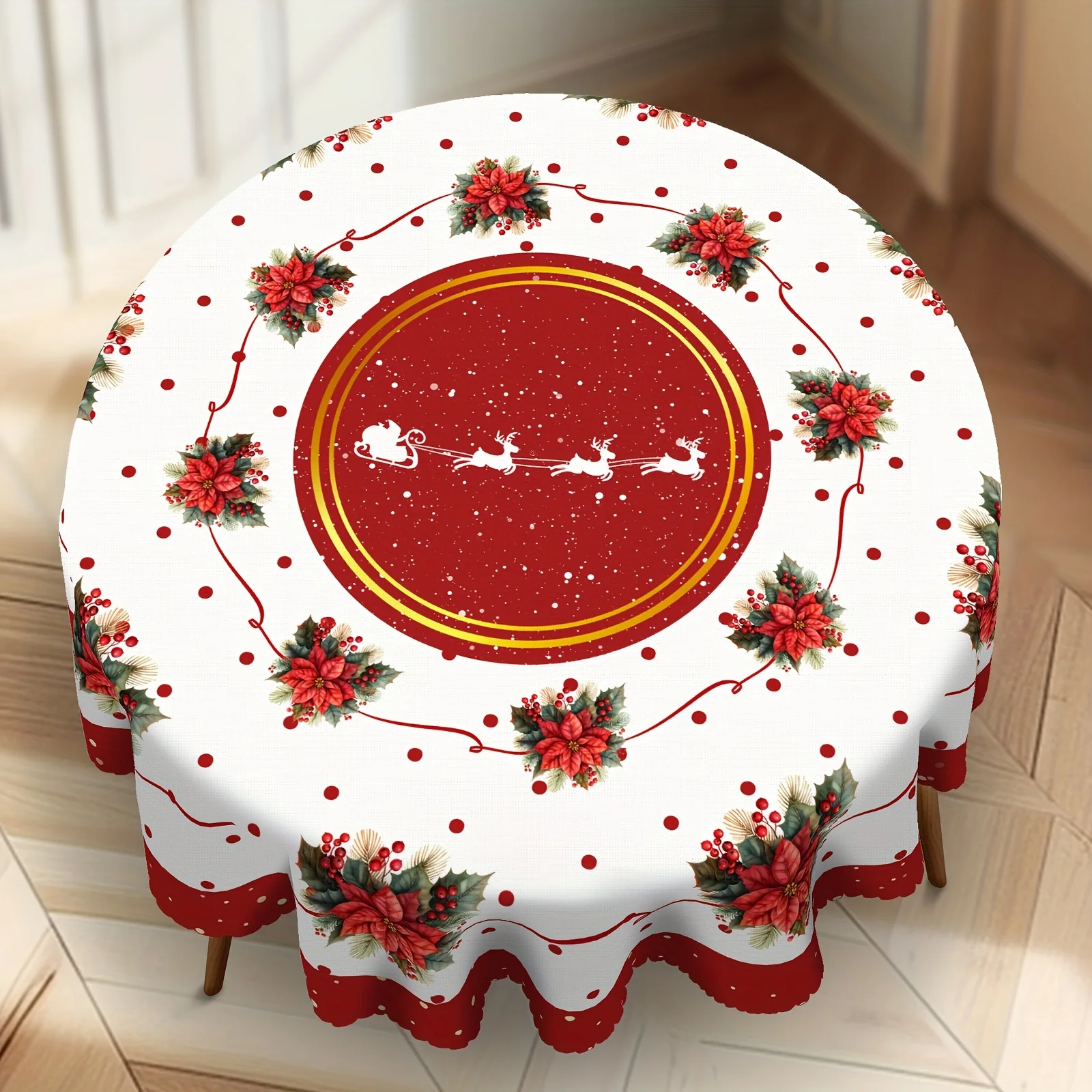 2D Graphic Print 1 Pack, Merry Christmas Red Ribbon Bouquet Tablecloth, Reindeer Santa Round Tablecloth