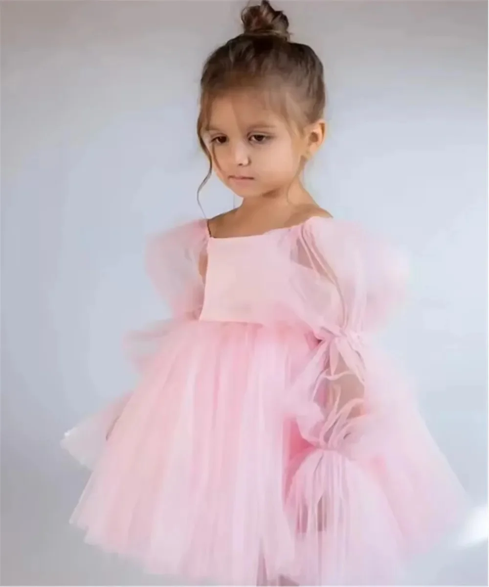 

Lovely Flower Girl Dress For Wedding Puff Sleeves with Bow Baby Tulle Birthday Party Toddler First Communion Gown Custom