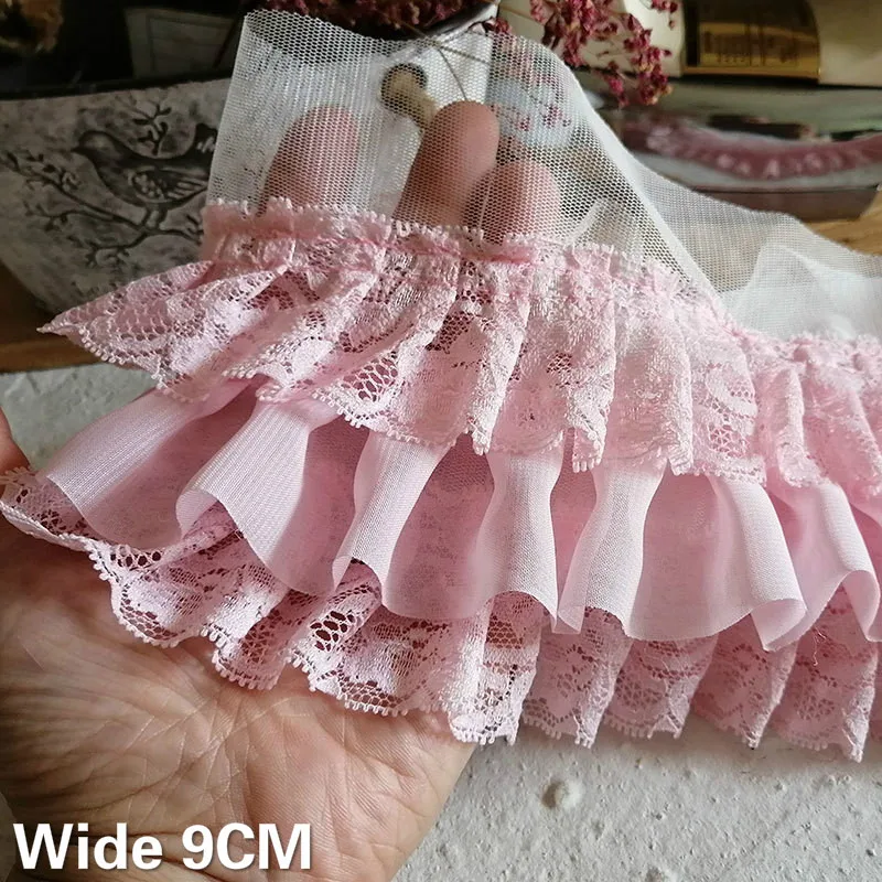 9CM Wide Three Layers Pink Chiffon Lace Applique 3d Flowers Embroidered Fringe Ribbon Sewing Cuffs Collar Skirt Clothing Decor