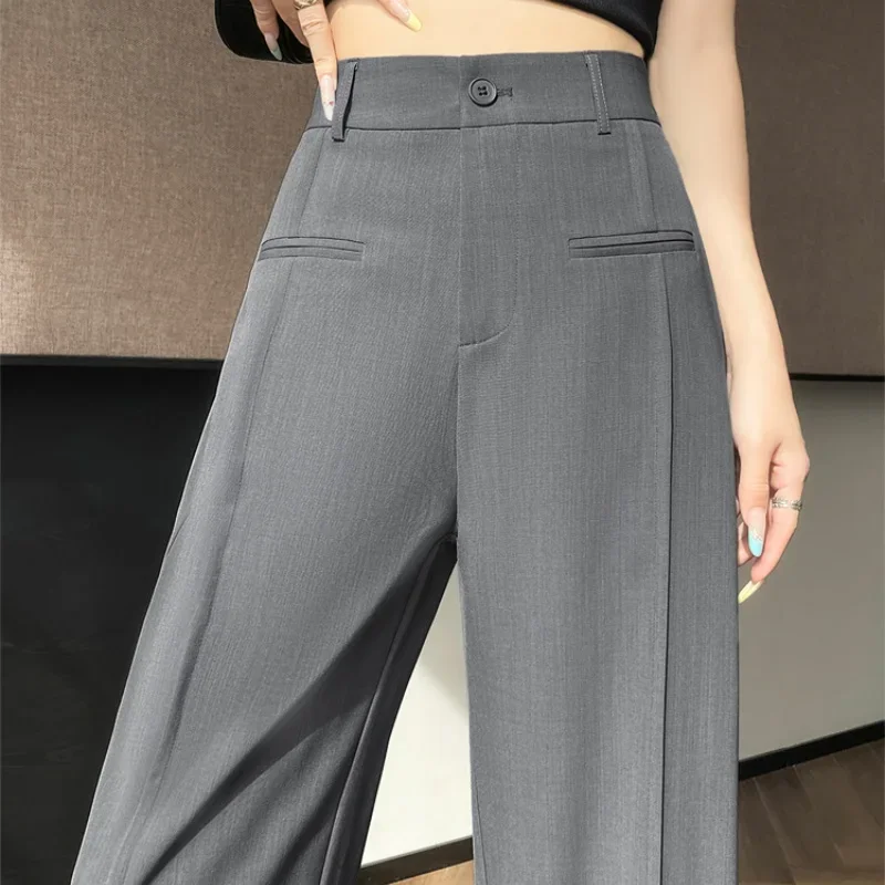 High Quality 2025 New High Waist Suit Wide Leg Womens Full Length Pants Summer Elegant Minimalism Straight Loose Trousers Female