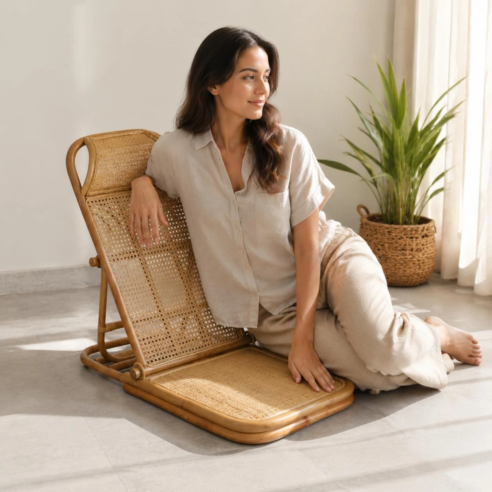 Rattan Floor Chair Retro Design Folding Rattan Lounge Chair Adjustable Floor Lounger Space Saving Outdoor Furniture Easy To