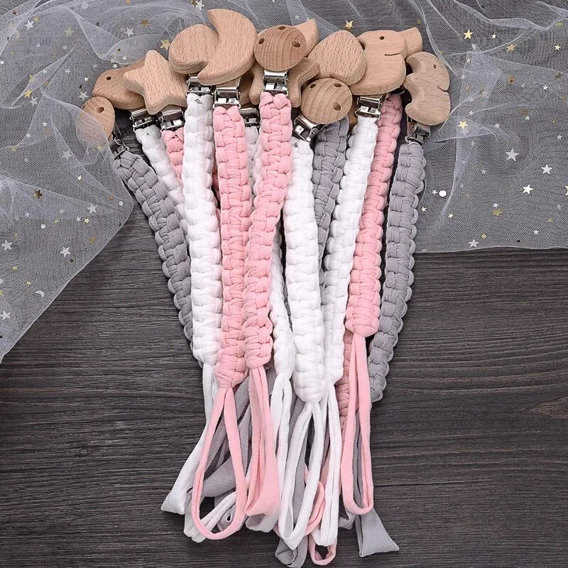 

New Crochet Cotton Baby Pacifier Chain Moon Heart Beech Wood Clip For Handmade Baby Nipple Soother Chain Teething Toy