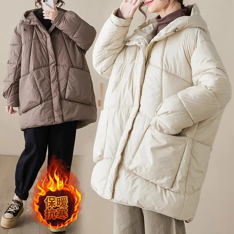 

Winter Thick Hooded Down Jacket For Women's Parkas Warmth Medium Length Trendy Casual Oversized Cotton Coat Outerwear Z4342