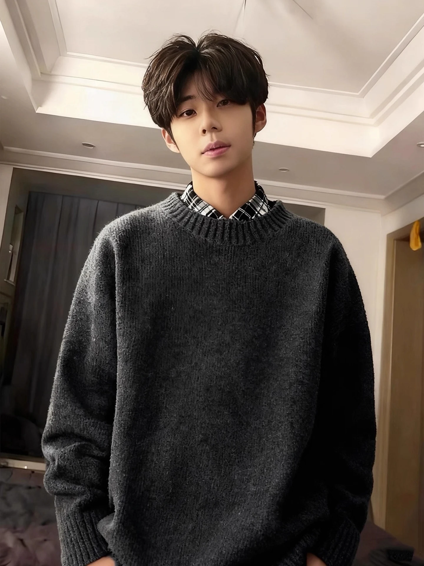 Deep ey Fce Lined Thiened round Ne Knitwear Men's Autumn Winter Casual Sle Inner Wear Base Layer Korean Lazy Sle