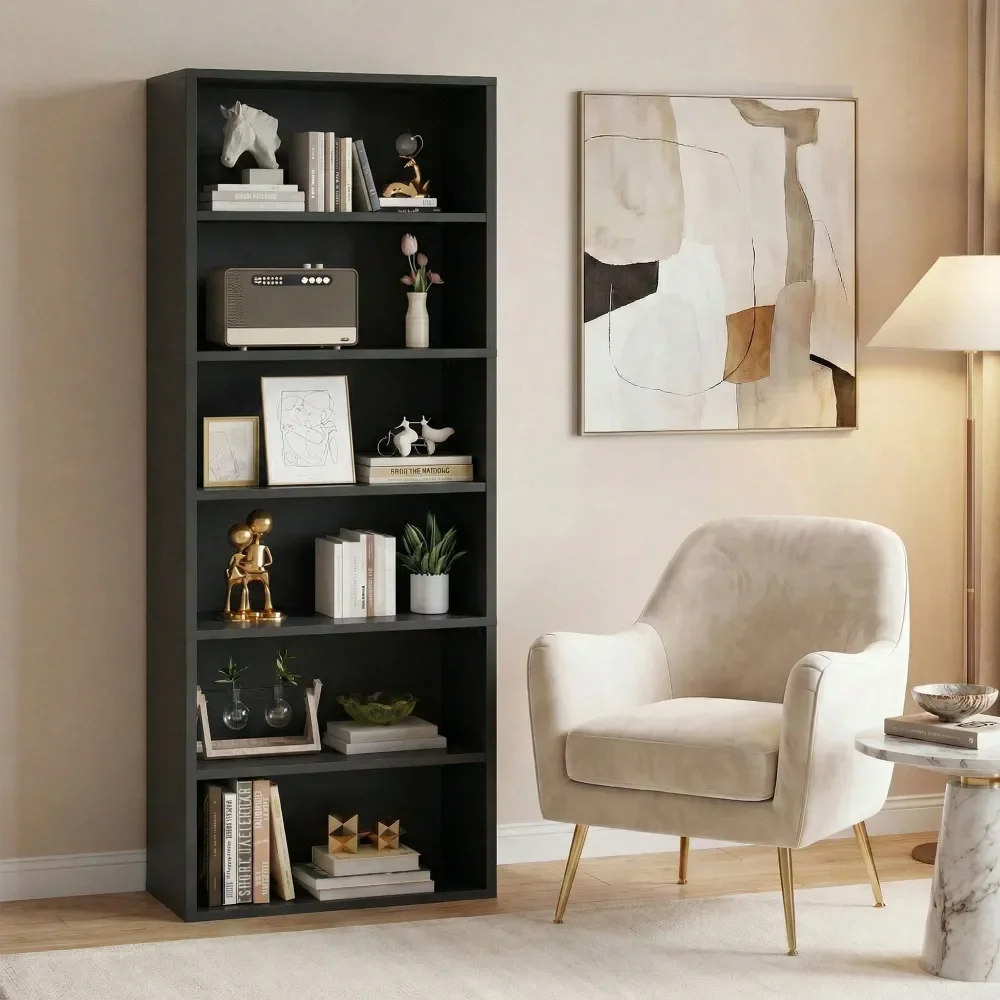 

6Tier Modern Bookshelf, Wood Slim SpaceSaving Bookcase For Living Room, Bedroom,Black