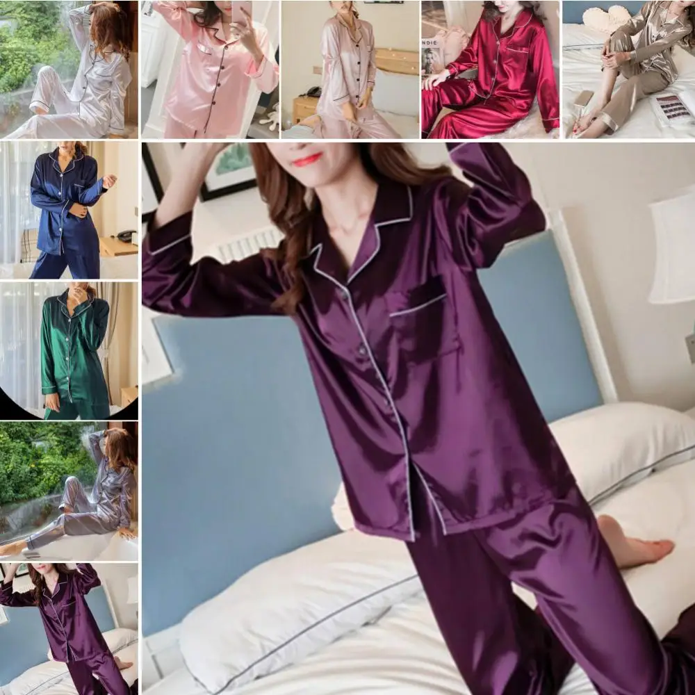 2 Pieces Women Silk Satin Pajamas Pyjamas Set Sleepwear Pijama Winter Long Sleeve Tops Pants Set Loungewear pyjama pour femme