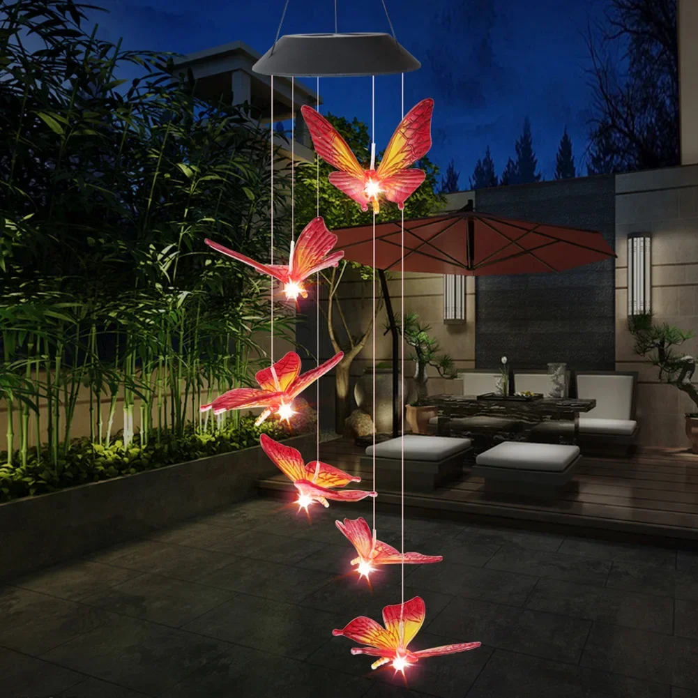 Led تغيير لون الرياح الشمسية الرنين ضوء مقاوم للماء في الهواء الطلق Windchime فراشة ضوء مصباح معلق بالطاقة الشمسية لتزيين الحديقة