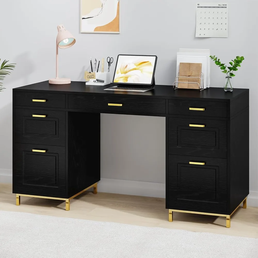 

Computer Desks Home Office Desk with File Drawers,Wood Modern Desk with Storage for Bedroom,Executive Desks with Golden